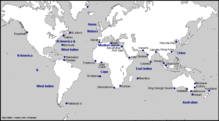 world map 1914. Map of Royal Navy Stations and